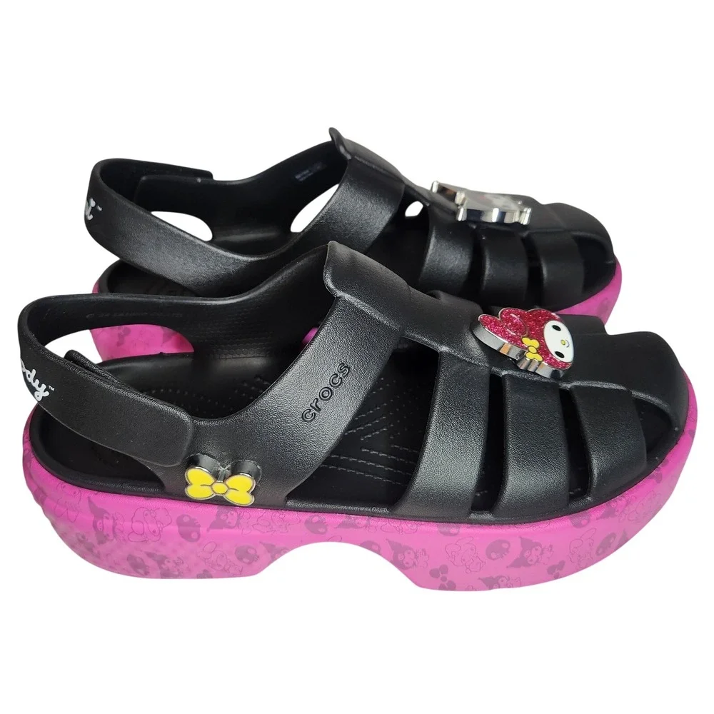 CROCS‎ Sandals W9 M11 Black Pink Platform Hello Kitty Kuromi Whimsigoth NEW